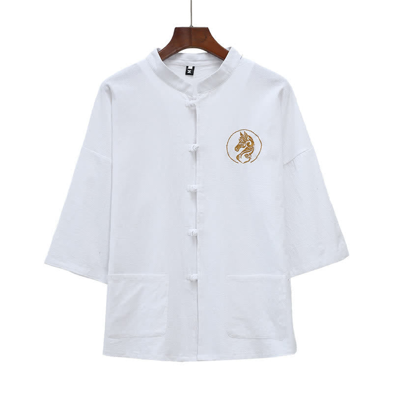 Nimara Ritual Summer Tang Style Mandarin Collar Horse Embroidery Frog Button Solid Men's Short Sleeve Shirts With Pockets