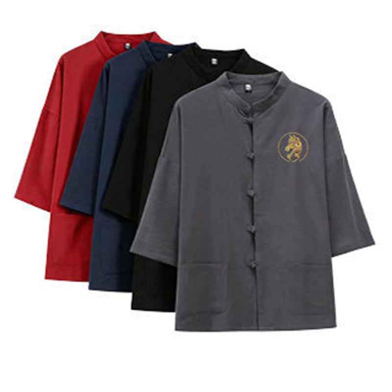 Nimara Ritual Summer Tang Style Mandarin Collar Horse Embroidery Frog Button Solid Men's Short Sleeve Shirts With Pockets