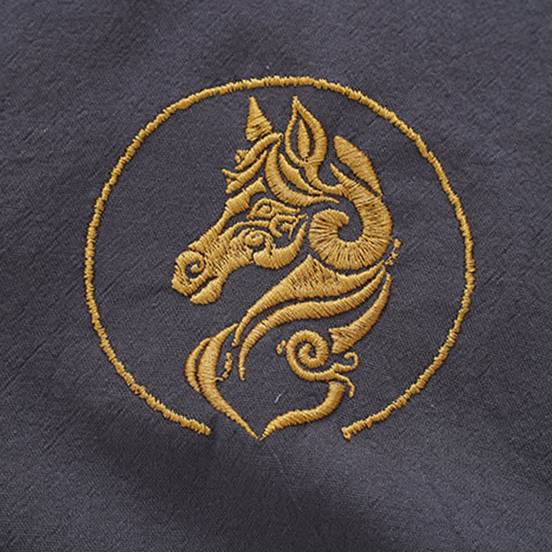 Nimara Ritual Summer Tang Style Mandarin Collar Horse Embroidery Frog Button Solid Men's Short Sleeve Shirts With Pockets