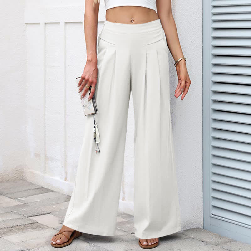 Nimara Ritual Plain Color Cotton Linen High Waist Women's Wide Leg Pants With Pockets