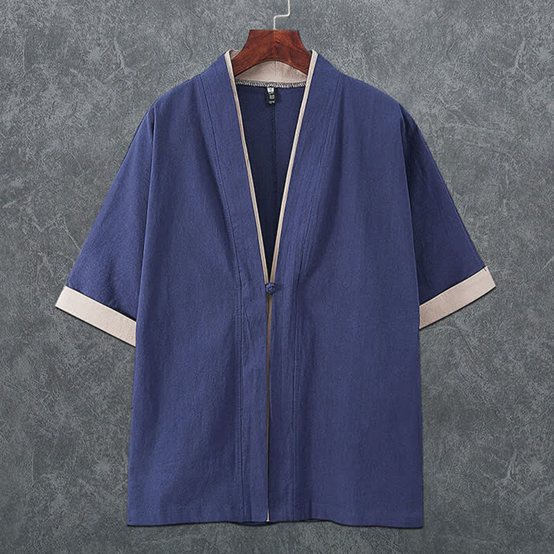 Nimara Ritual Summer Minimalist V-Neck Frog Button Solid Men's Short Sleeve Kimono