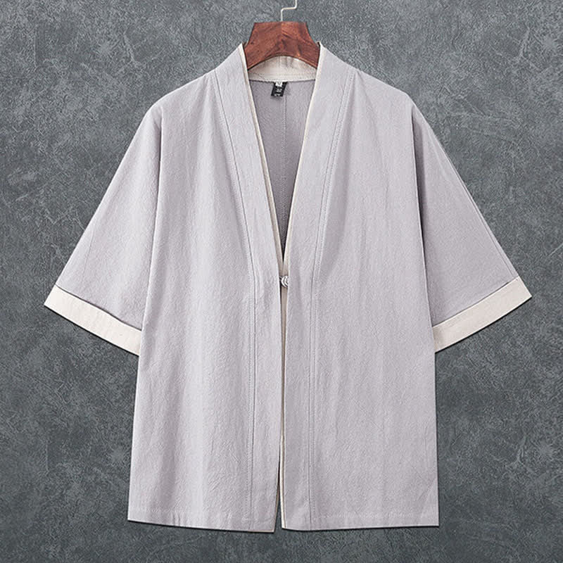 Nimara Ritual Summer Minimalist V-Neck Frog Button Solid Men's Short Sleeve Kimono