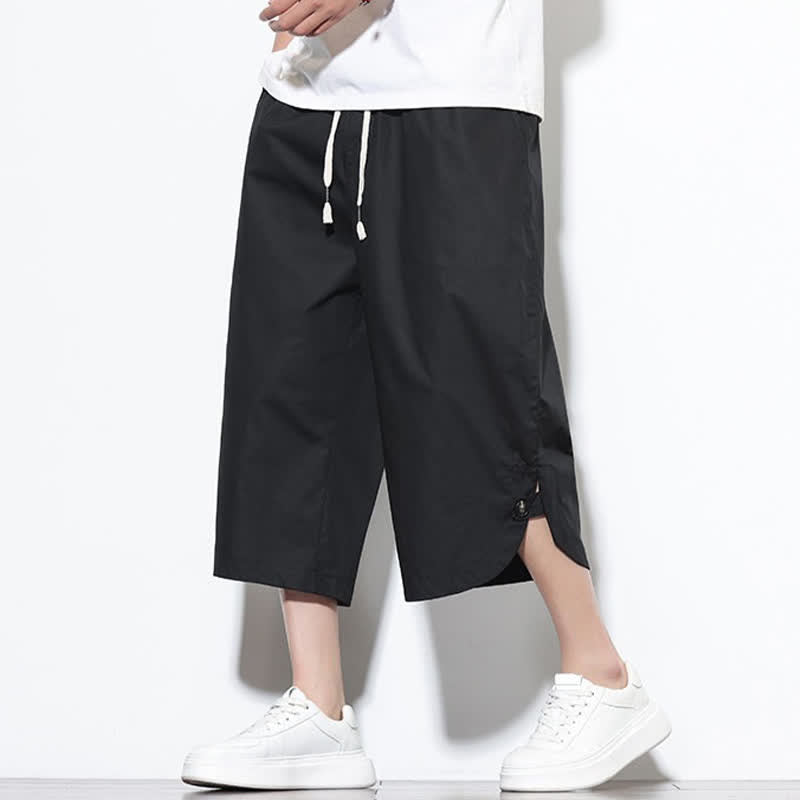 Nimara Ritual Summer Casual Drawstring Side Slit Solid Cotton Men's Harem Pants With Pockets