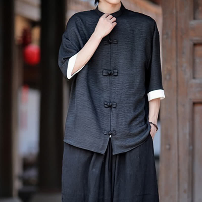 Nimara Ritual Summer Tang Style Mandarin Collar Frog Button Solid Men's Elbow-Length Sleeve Shirts
