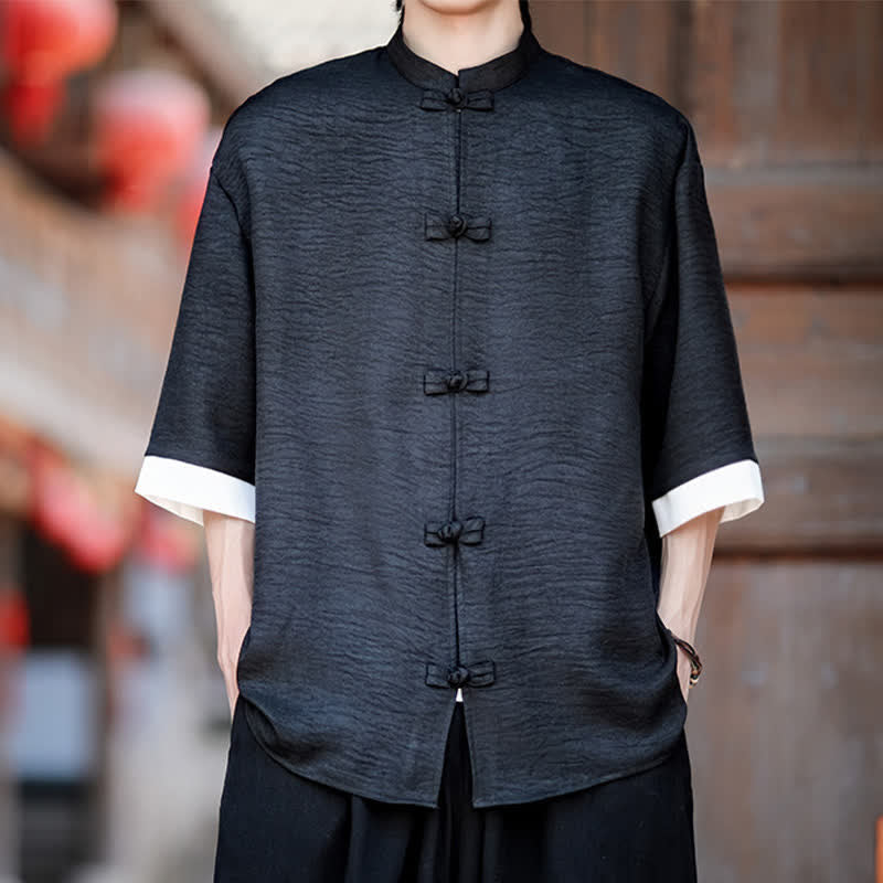 Nimara Ritual Summer Tang Style Mandarin Collar Frog Button Solid Men's Elbow-Length Sleeve Shirts