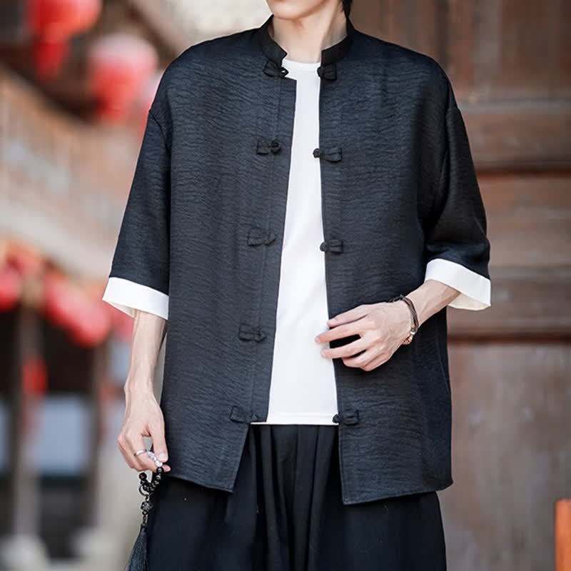 Nimara Ritual Summer Tang Style Mandarin Collar Frog Button Solid Men's Elbow-Length Sleeve Shirts