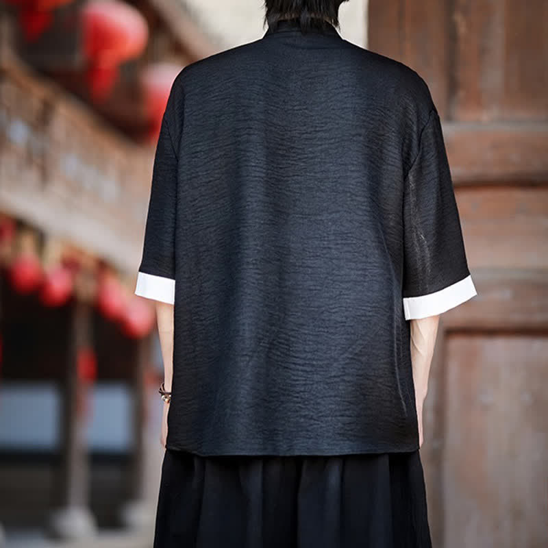 Nimara Ritual Summer Tang Style Mandarin Collar Frog Button Solid Men's Elbow-Length Sleeve Shirts
