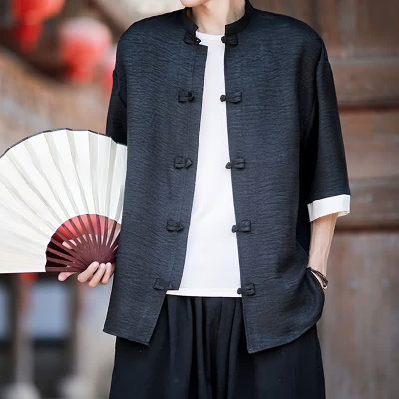 Nimara Ritual Summer Tang Style Mandarin Collar Frog Button Solid Men's Elbow-Length Sleeve Shirts