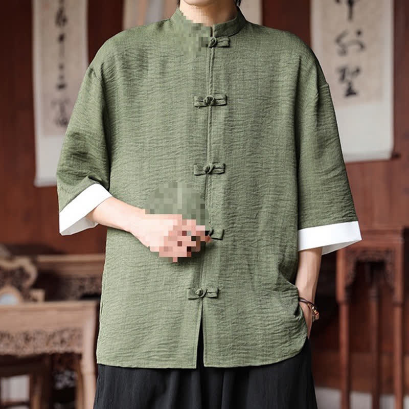 Nimara Ritual Summer Tang Style Mandarin Collar Frog Button Solid Men's Elbow-Length Sleeve Shirts