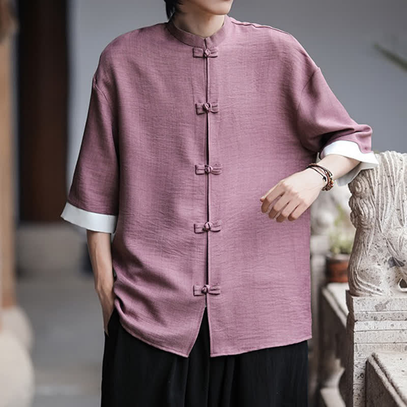 Nimara Ritual Summer Tang Style Mandarin Collar Frog Button Solid Men's Elbow-Length Sleeve Shirts