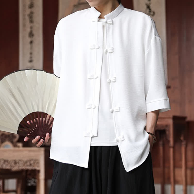 Nimara Ritual Summer Tang Style Mandarin Collar Frog Button Solid Men's Elbow-Length Sleeve Shirts
