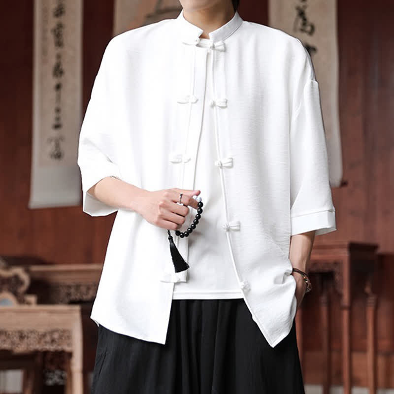 Nimara Ritual Summer Tang Style Mandarin Collar Frog Button Solid Men's Elbow-Length Sleeve Shirts
