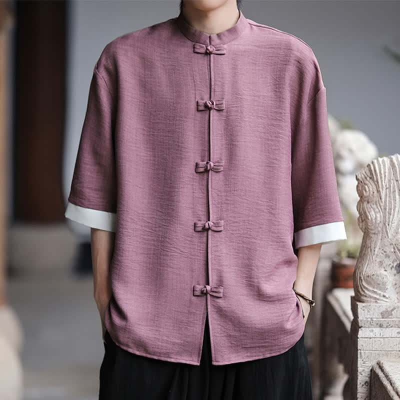 Nimara Ritual Summer Tang Style Mandarin Collar Frog Button Solid Men's Elbow-Length Sleeve Shirts