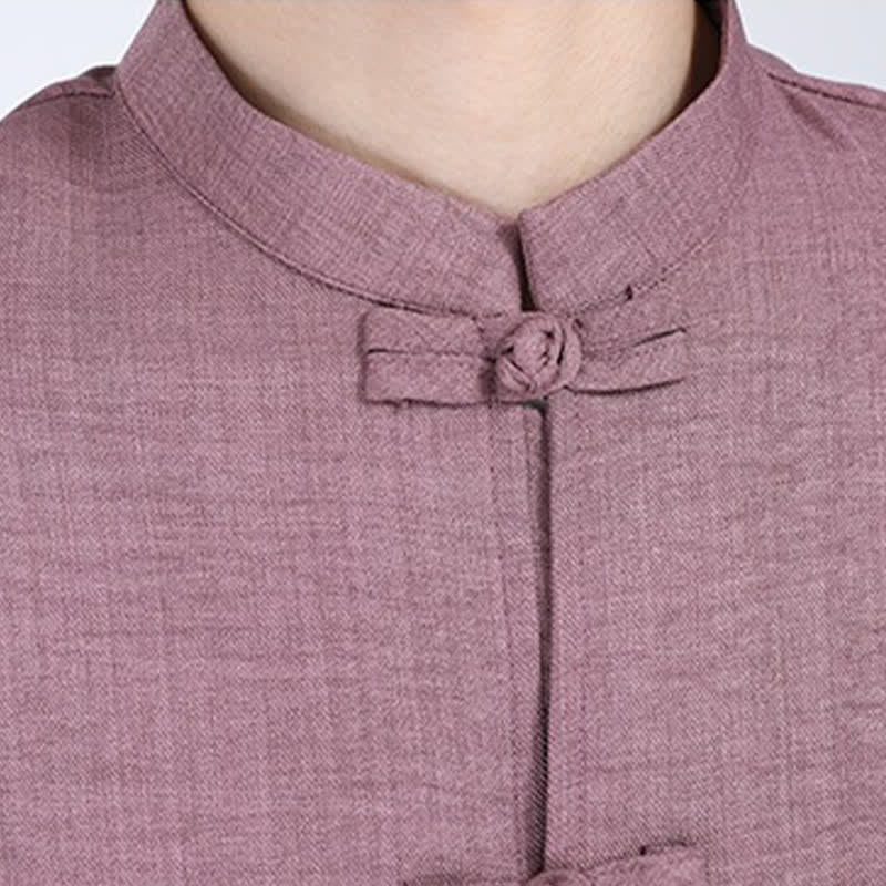 Nimara Ritual Summer Tang Style Mandarin Collar Frog Button Solid Men's Elbow-Length Sleeve Shirts