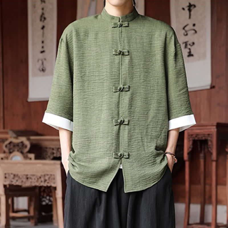 Nimara Ritual Summer Tang Style Mandarin Collar Frog Button Solid Men's Elbow-Length Sleeve Shirts