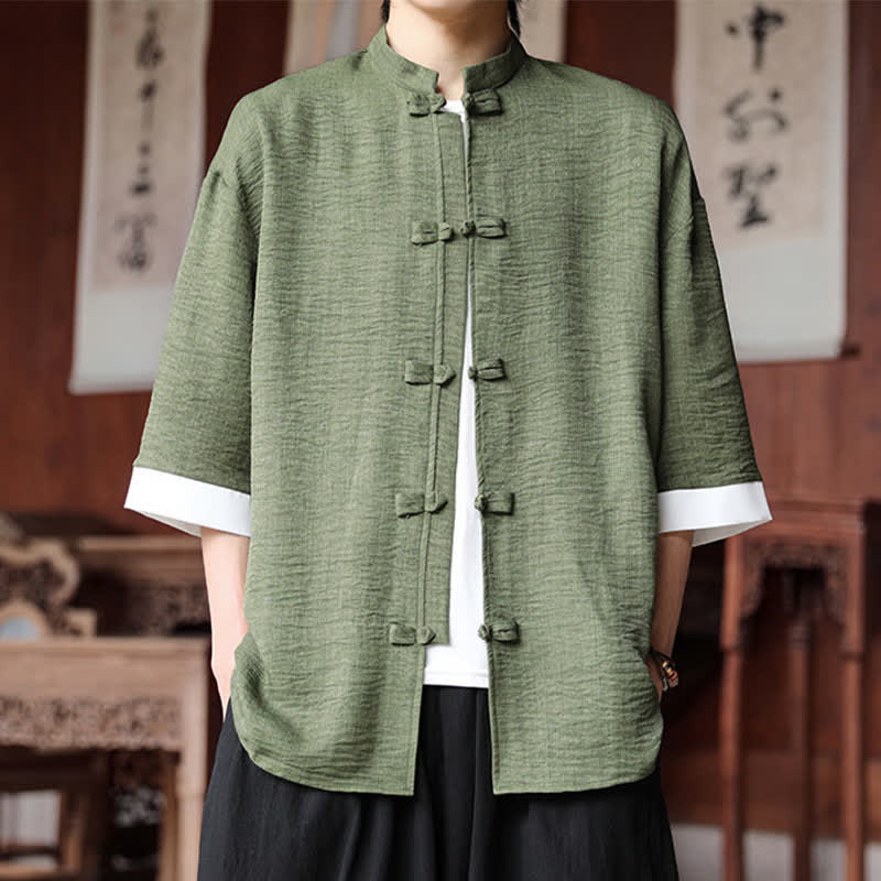 Nimara Ritual Summer Tang Style Mandarin Collar Frog Button Solid Men's Elbow-Length Sleeve Shirts