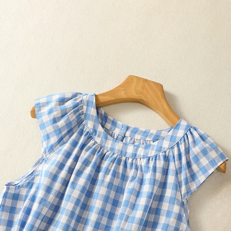 Nimara Ritual Summer Pleated Yoke Gingham Check Women's Sleeveless T-Shirts Tank Top