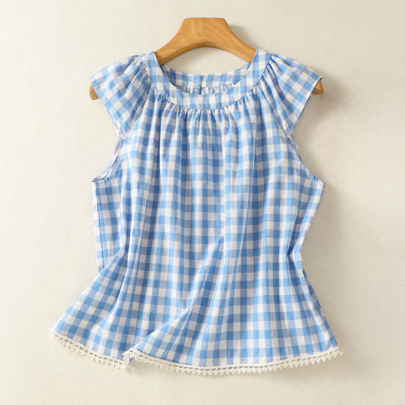Nimara Ritual Summer Pleated Yoke Gingham Check Women's Sleeveless T-Shirts Tank Top