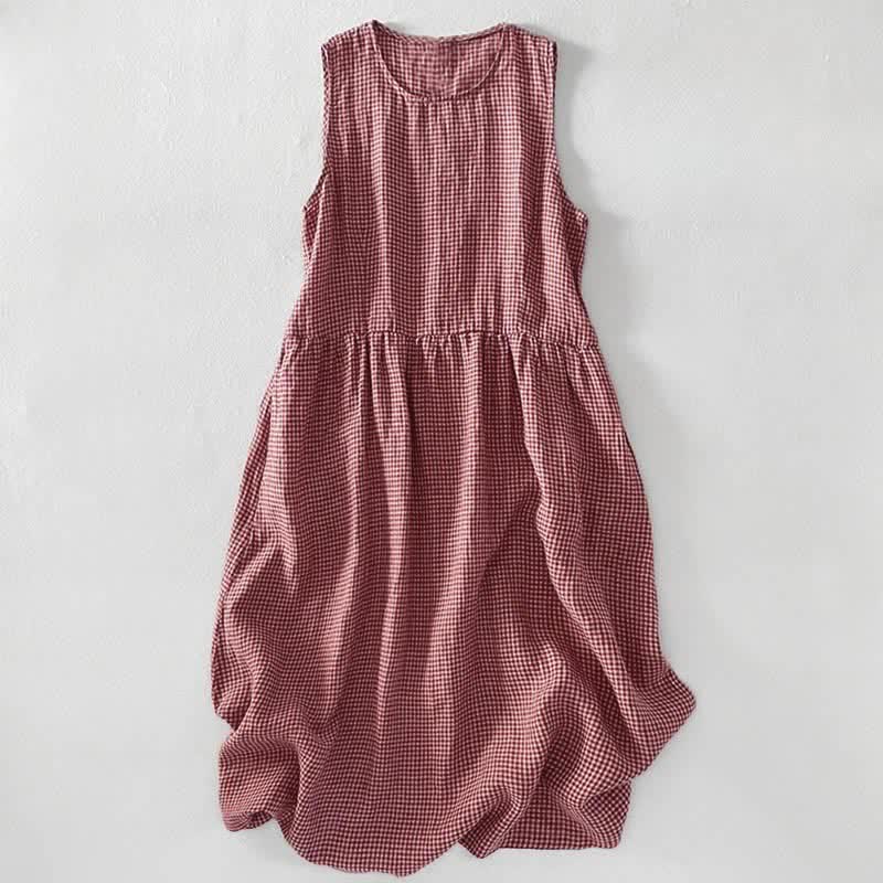 Nimara Ritual Summer Casual Plaid Cotton Women's Sleeveless Dress With Pockets