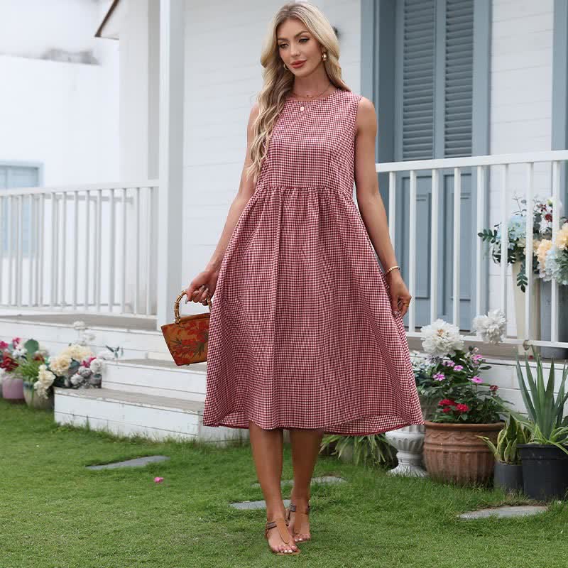 Nimara Ritual Summer Casual Plaid Cotton Women's Sleeveless Dress With Pockets