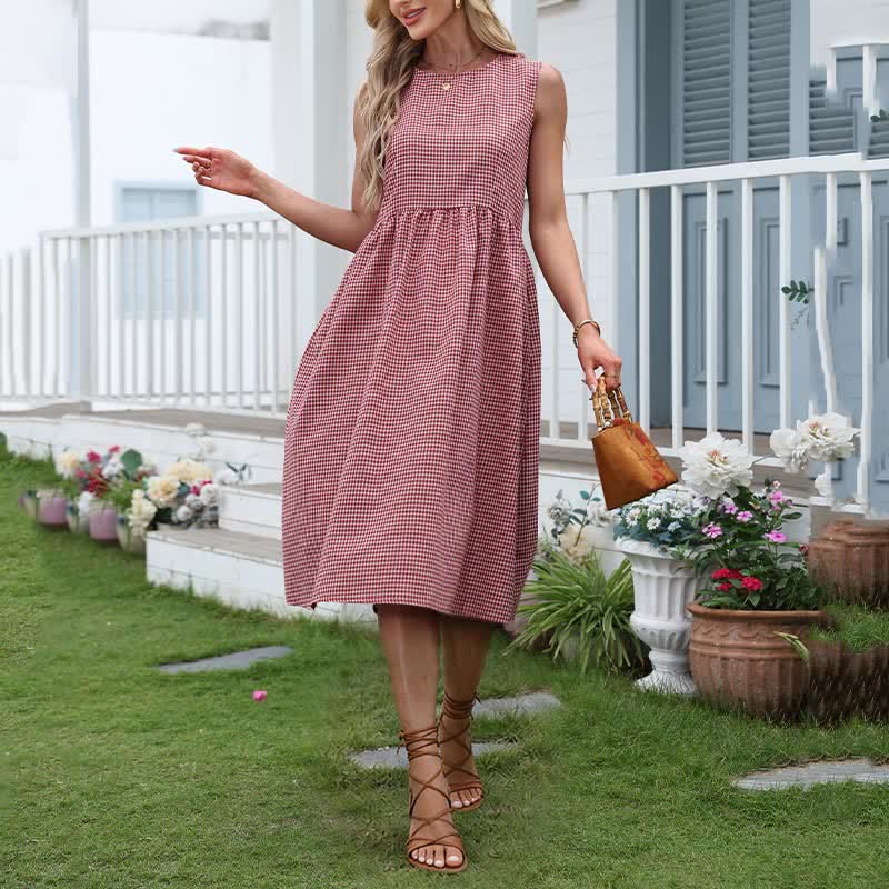 Nimara Ritual Summer Casual Plaid Cotton Women's Sleeveless Dress With Pockets