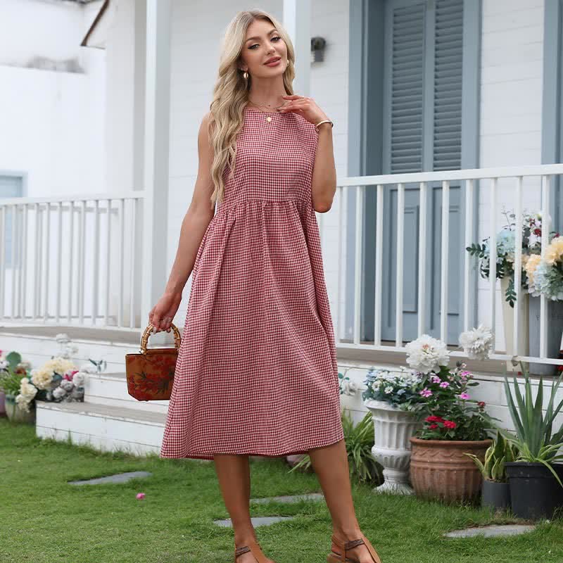 Nimara Ritual Summer Casual Plaid Cotton Women's Sleeveless Dress With Pockets