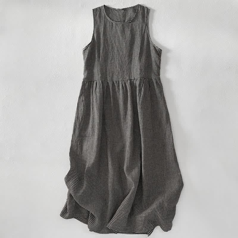 Nimara Ritual Summer Casual Plaid Cotton Women's Sleeveless Dress With Pockets