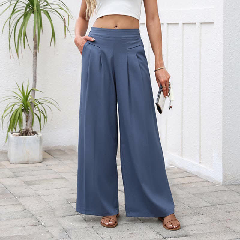 Nimara Ritual Plain Color Cotton Linen High Waist Women's Wide Leg Pants With Pockets