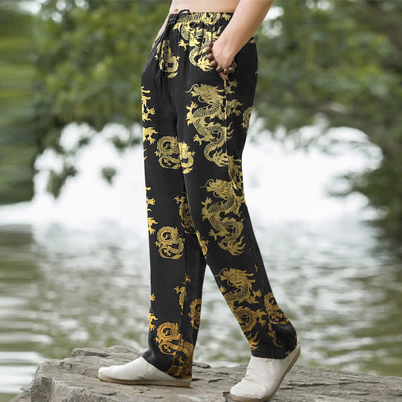 Nimara Ritual Cotton Golden Dragon Pattern Men's Tapered Pants With Pockets