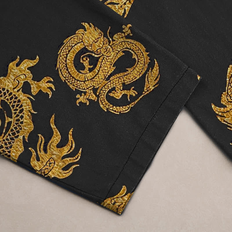 Nimara Ritual Cotton Golden Dragon Pattern Men's Tapered Pants With Pockets