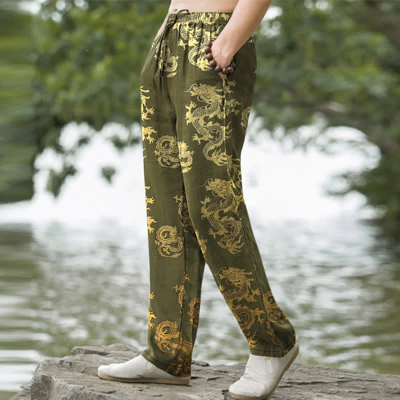 Nimara Ritual Cotton Golden Dragon Pattern Men's Tapered Pants With Pockets