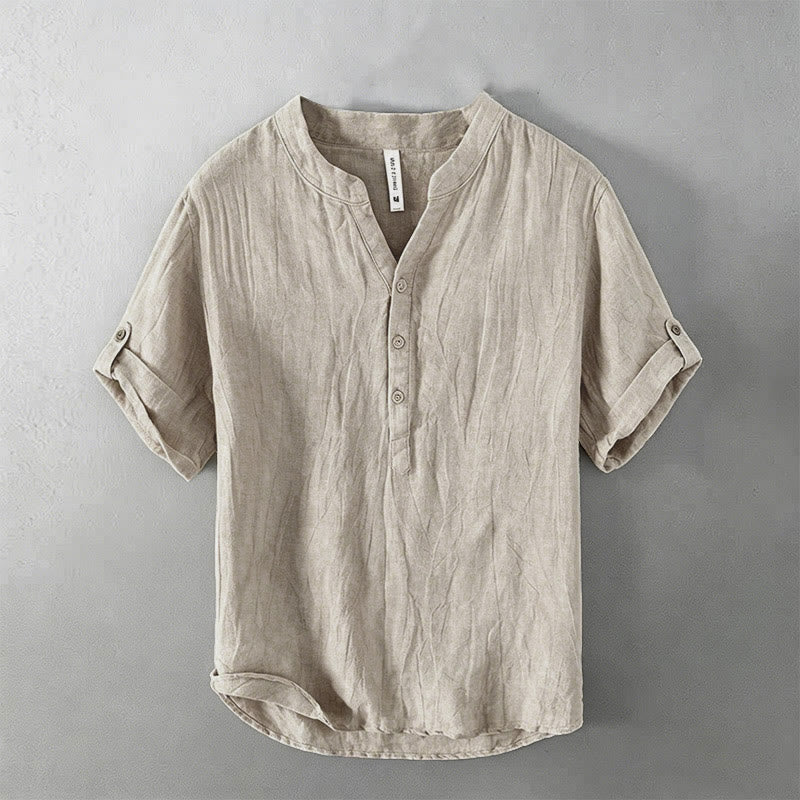 Nimara Ritual Summer Half Buttons Rolled Sleeves Design Cotton Linen Men's Short Sleeve Shirt