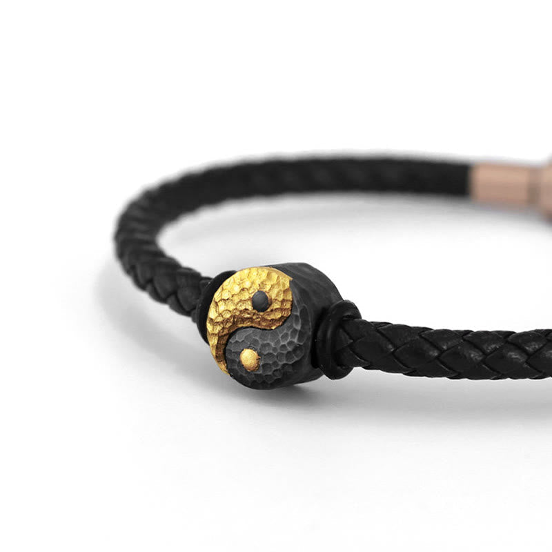 Nimara Ritual 925 Sterling Silver 999 Gold Yin Yang Bagua Symbol Balance Leather Bracelet