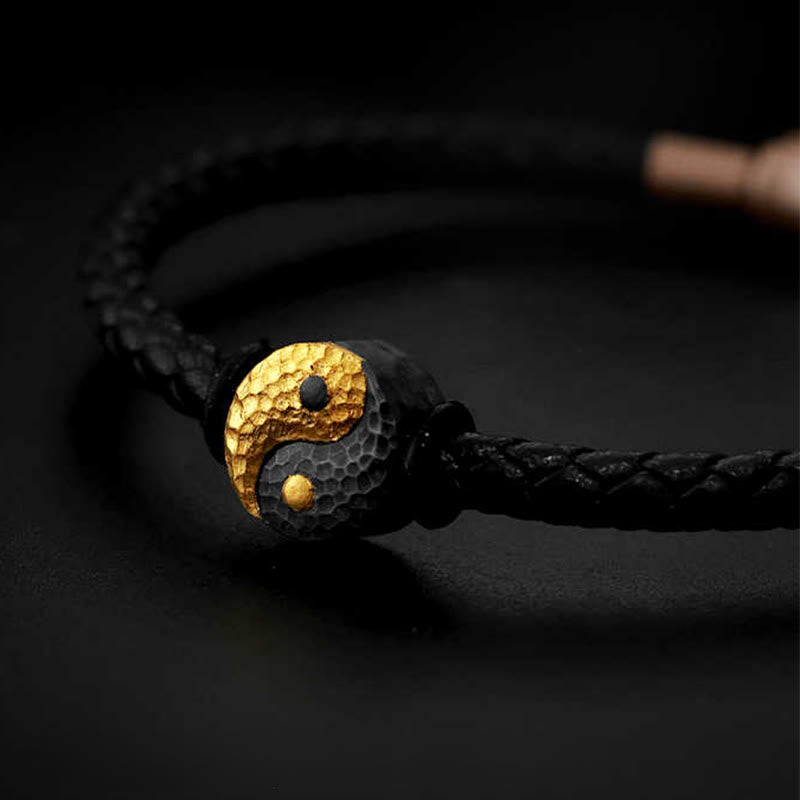 Nimara Ritual 925 Sterling Silver 999 Gold Yin Yang Bagua Symbol Balance Leather Bracelet