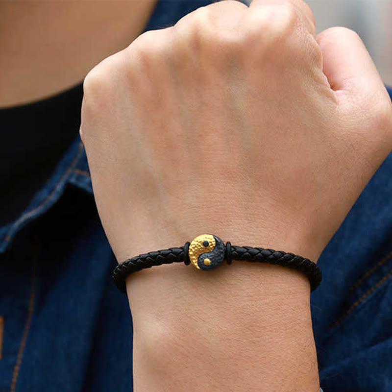 Nimara Ritual 925 Sterling Silver 999 Gold Yin Yang Bagua Symbol Balance Leather Bracelet