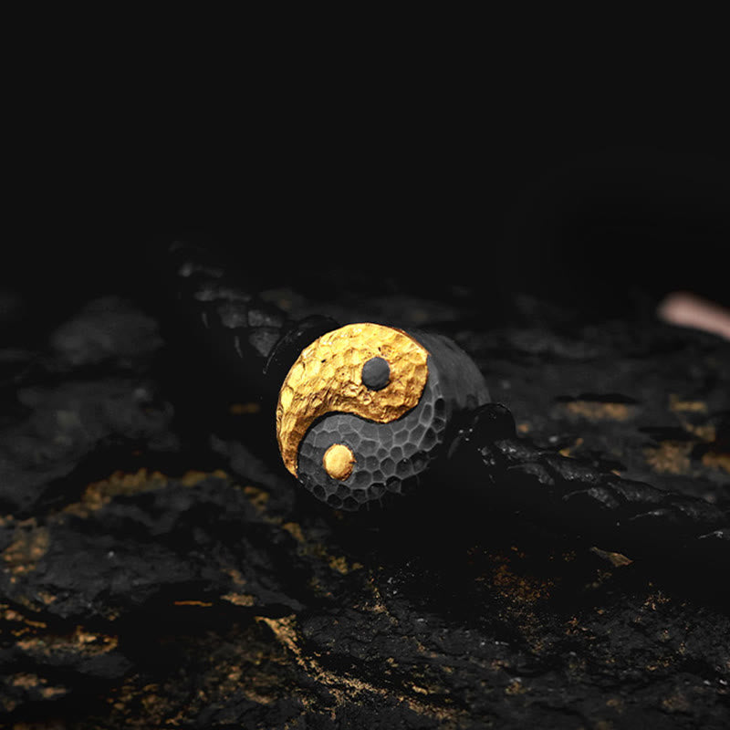 Nimara Ritual 925 Sterling Silver 999 Gold Yin Yang Bagua Symbol Balance Leather Bracelet