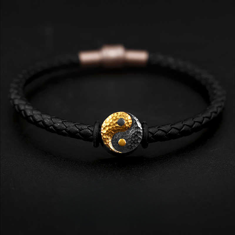 Nimara Ritual 925 Sterling Silver 999 Gold Yin Yang Bagua Symbol Balance Leather Bracelet
