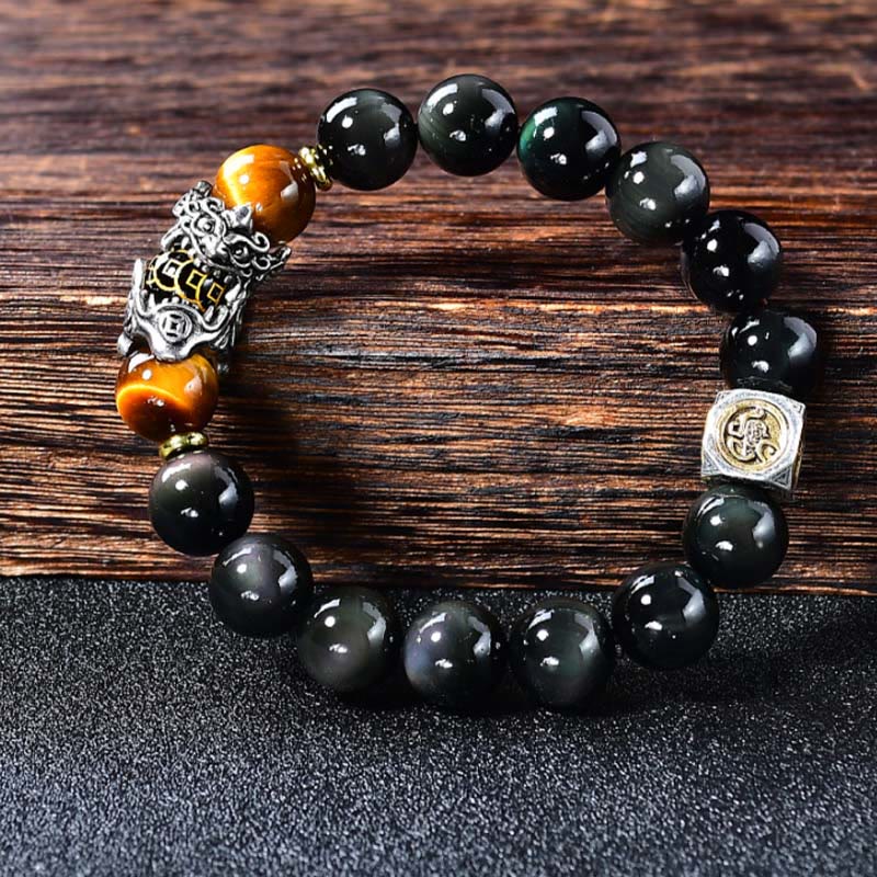 Nimara Ritual Natural Black Obsidian PiXiu Tiger's Eye Transformation Bracelet