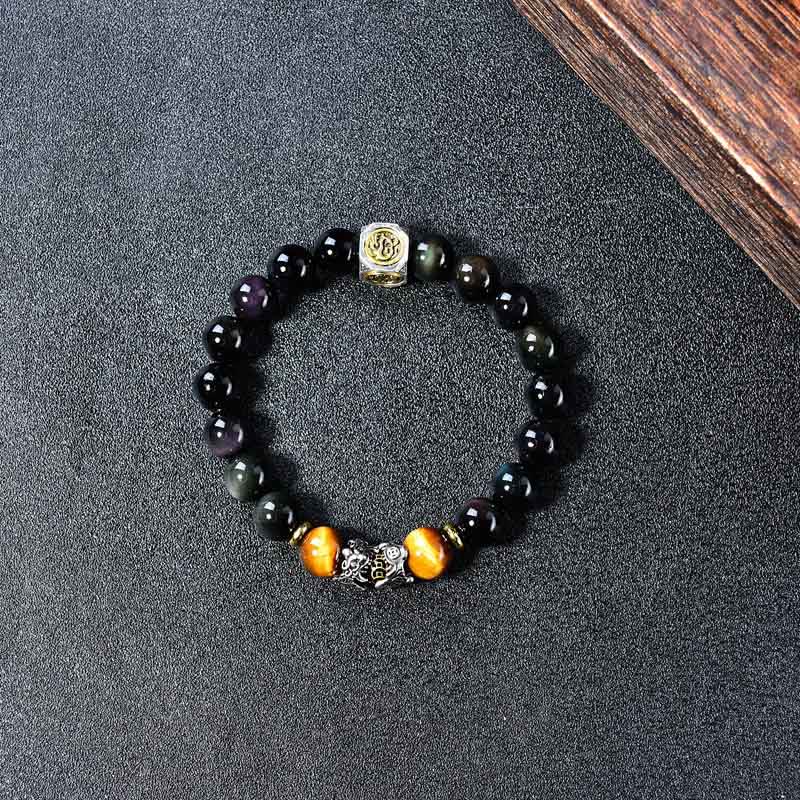 Nimara Ritual Natural Black Obsidian PiXiu Tiger's Eye Transformation Bracelet
