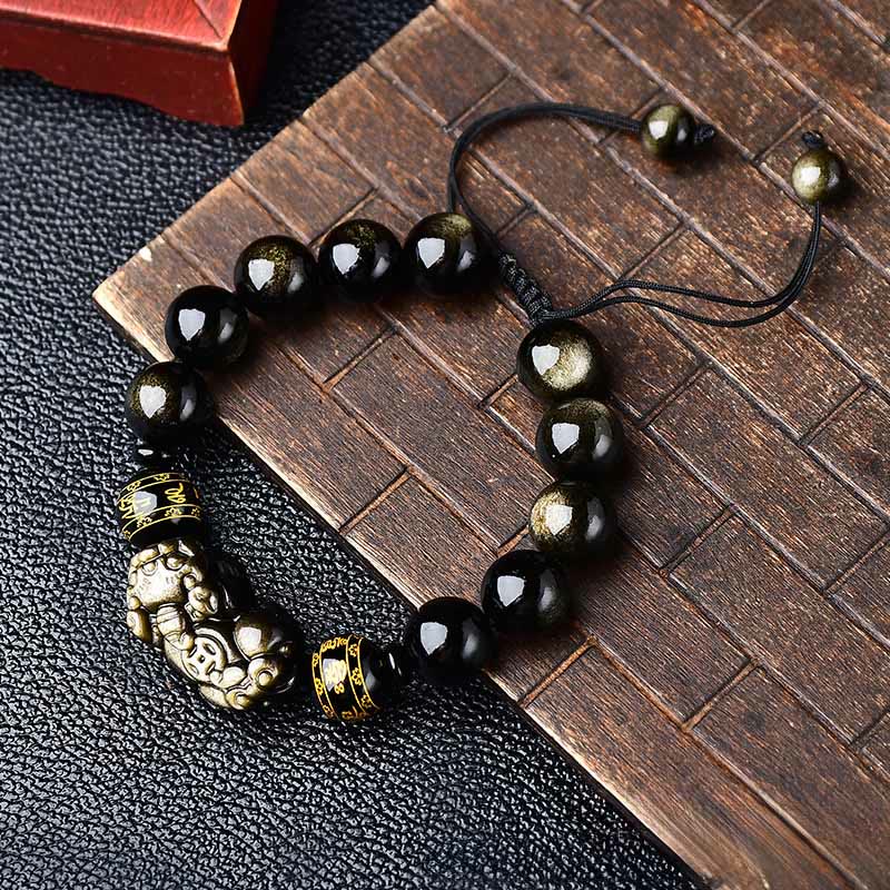 Nimara Ritual Natural Gold Sheen Obsidian PiXiu Om Mani Padme Hum Protection Rope Bracelet