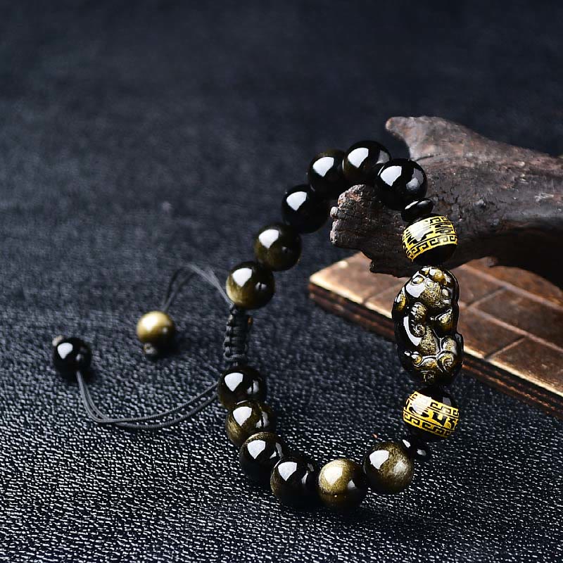 Nimara Ritual Natural Gold Sheen Obsidian PiXiu Om Mani Padme Hum Protection Rope Bracelet