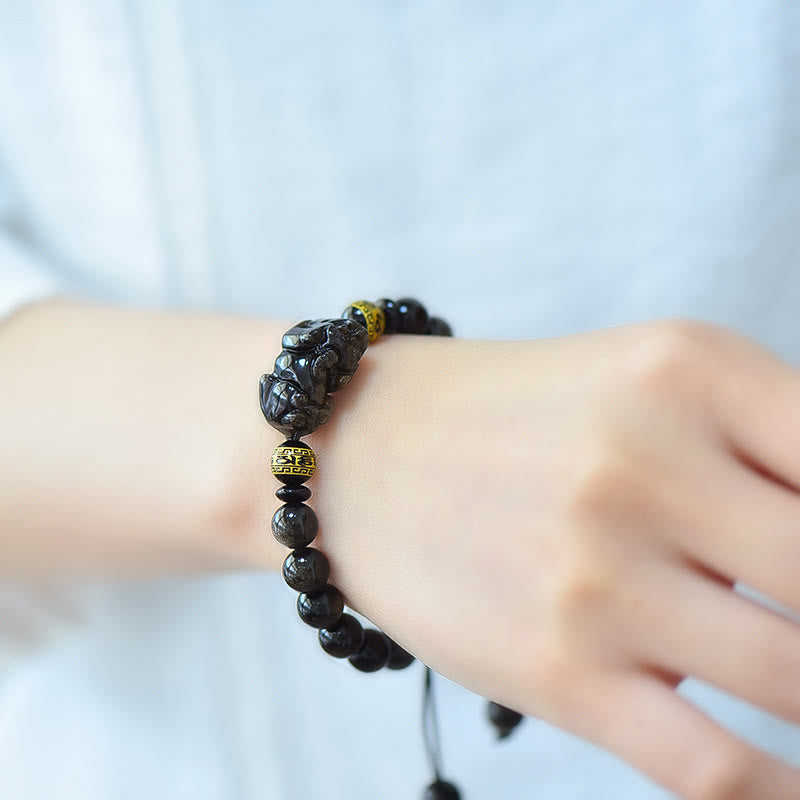 Nimara Ritual Natural Gold Sheen Obsidian PiXiu Om Mani Padme Hum Protection Rope Bracelet