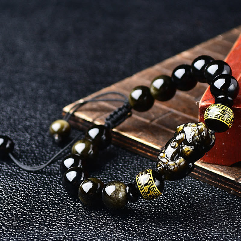 Nimara Ritual Natural Gold Sheen Obsidian PiXiu Om Mani Padme Hum Protection Rope Bracelet