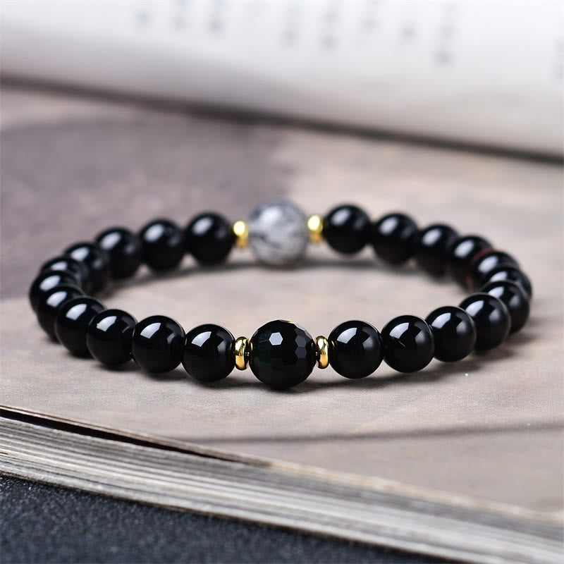 Nimara Ritual Natural Black Obsidian Black Rutilated Quartz Purification Bracelet