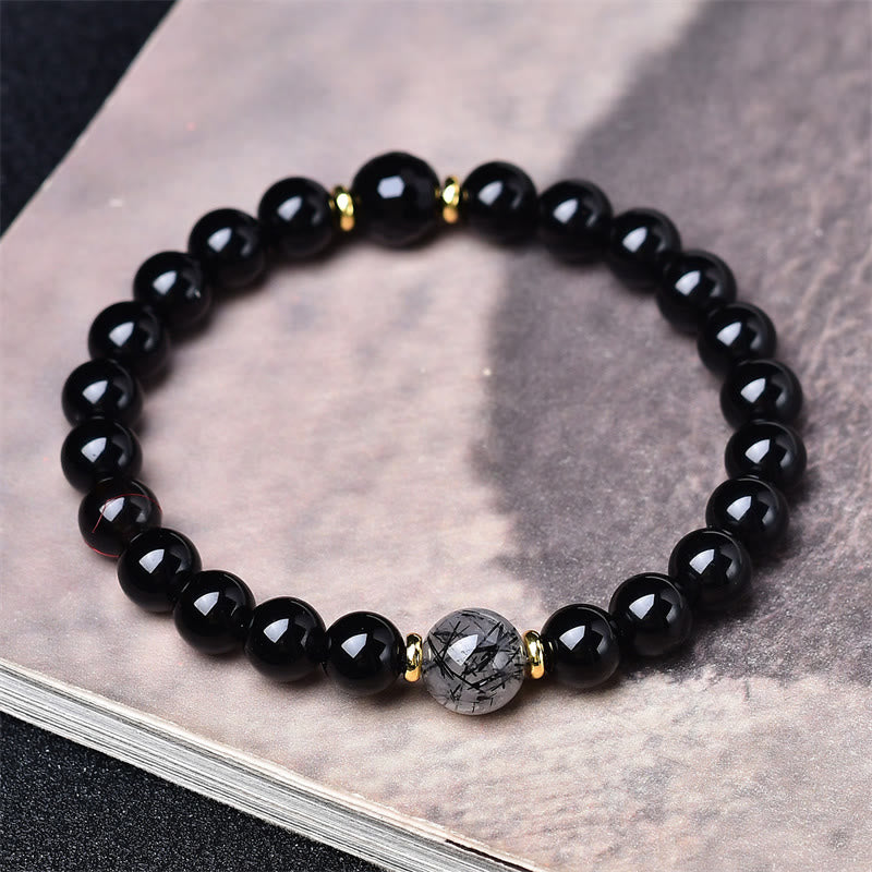 Nimara Ritual Natural Black Obsidian Black Rutilated Quartz Purification Bracelet