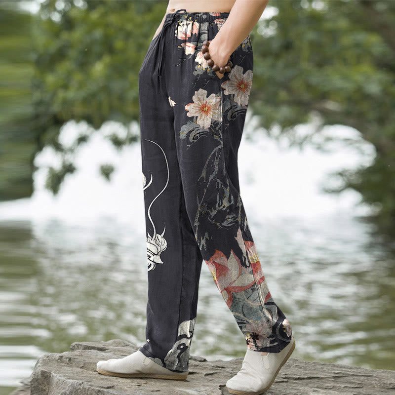 Nimara Ritual Cotton Oriental Dragon Lotus Pattern Men's Tapered Pants With Pockets
