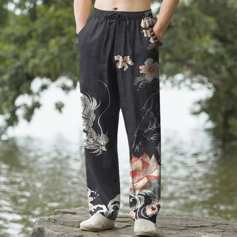 Nimara Ritual Cotton Oriental Dragon Lotus Pattern Men's Tapered Pants With Pockets