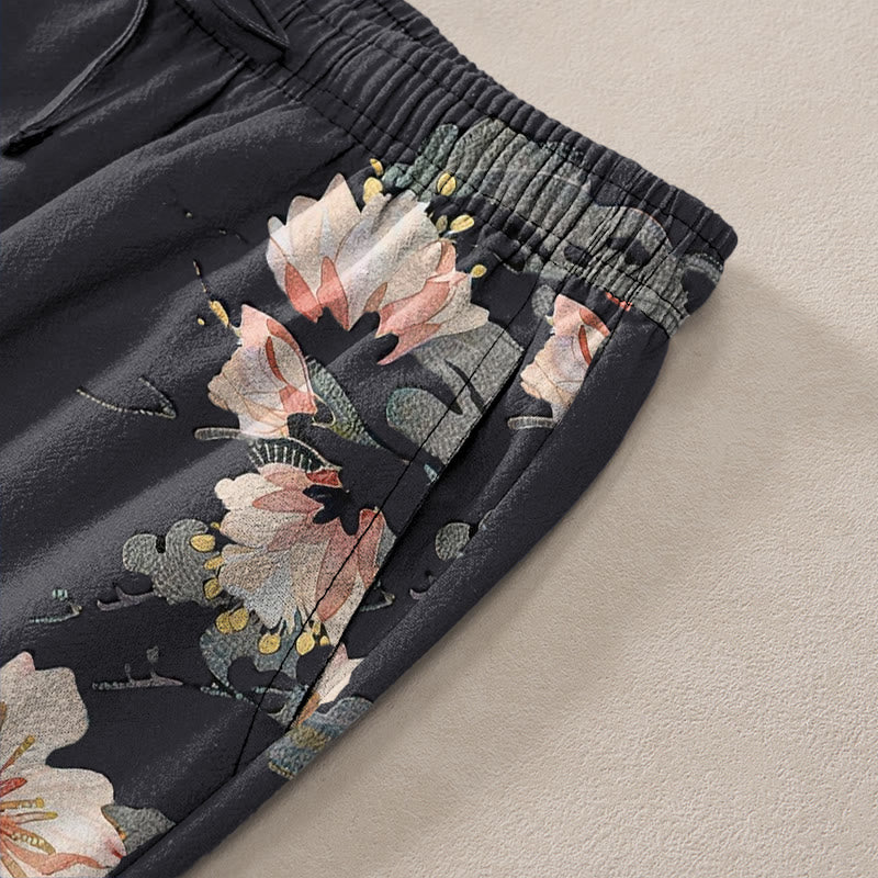 Nimara Ritual Cotton Oriental Dragon Lotus Pattern Men's Tapered Pants With Pockets