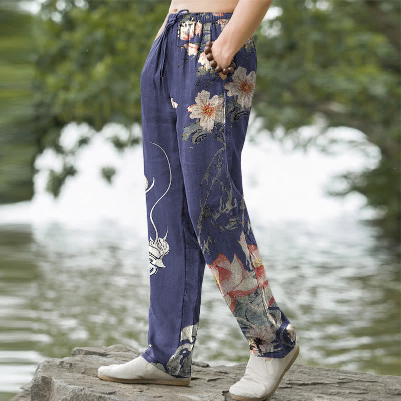Nimara Ritual Cotton Oriental Dragon Lotus Pattern Men's Tapered Pants With Pockets