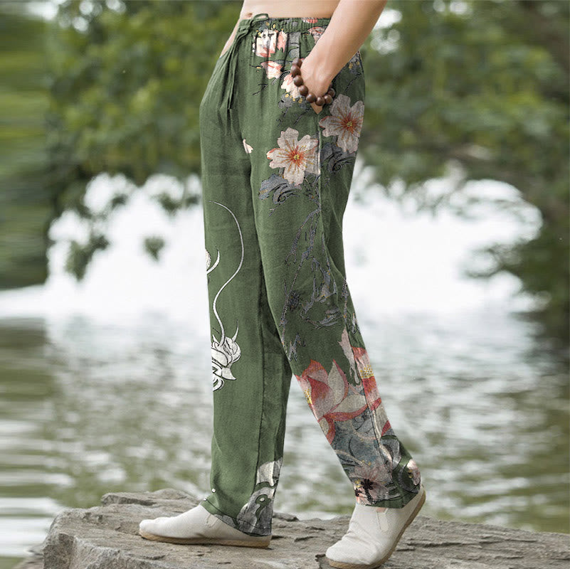 Nimara Ritual Cotton Oriental Dragon Lotus Pattern Men's Tapered Pants With Pockets